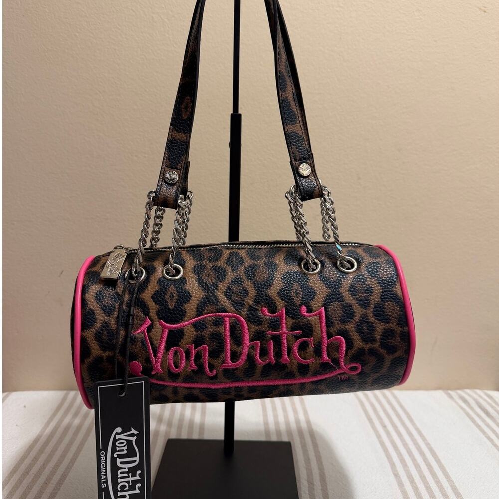 Von Dutch Cheetah Barrel Bag Pink Logo Chain Shoulder Purse Y2K NWT